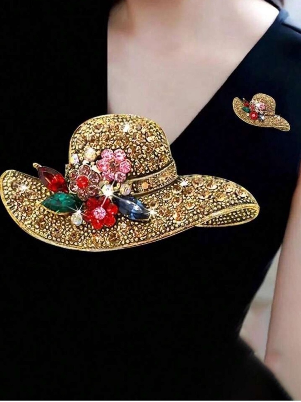 Vintage Gold Crystal Wide-Brim Hat Brooch